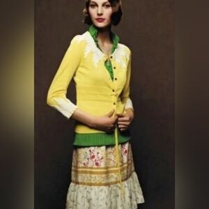 Moth Anthropologie Wisteria‎ Cardigan Sweater Yellow Embroidered XS
